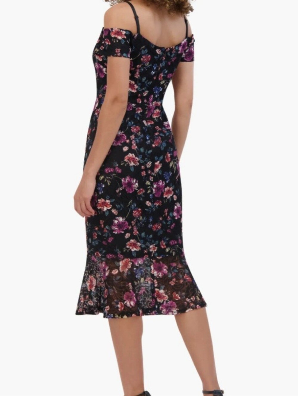 NWT Sienna Off the Shoulder Black & Pink Floral Lace Dress 16 - Picture 2 of 9